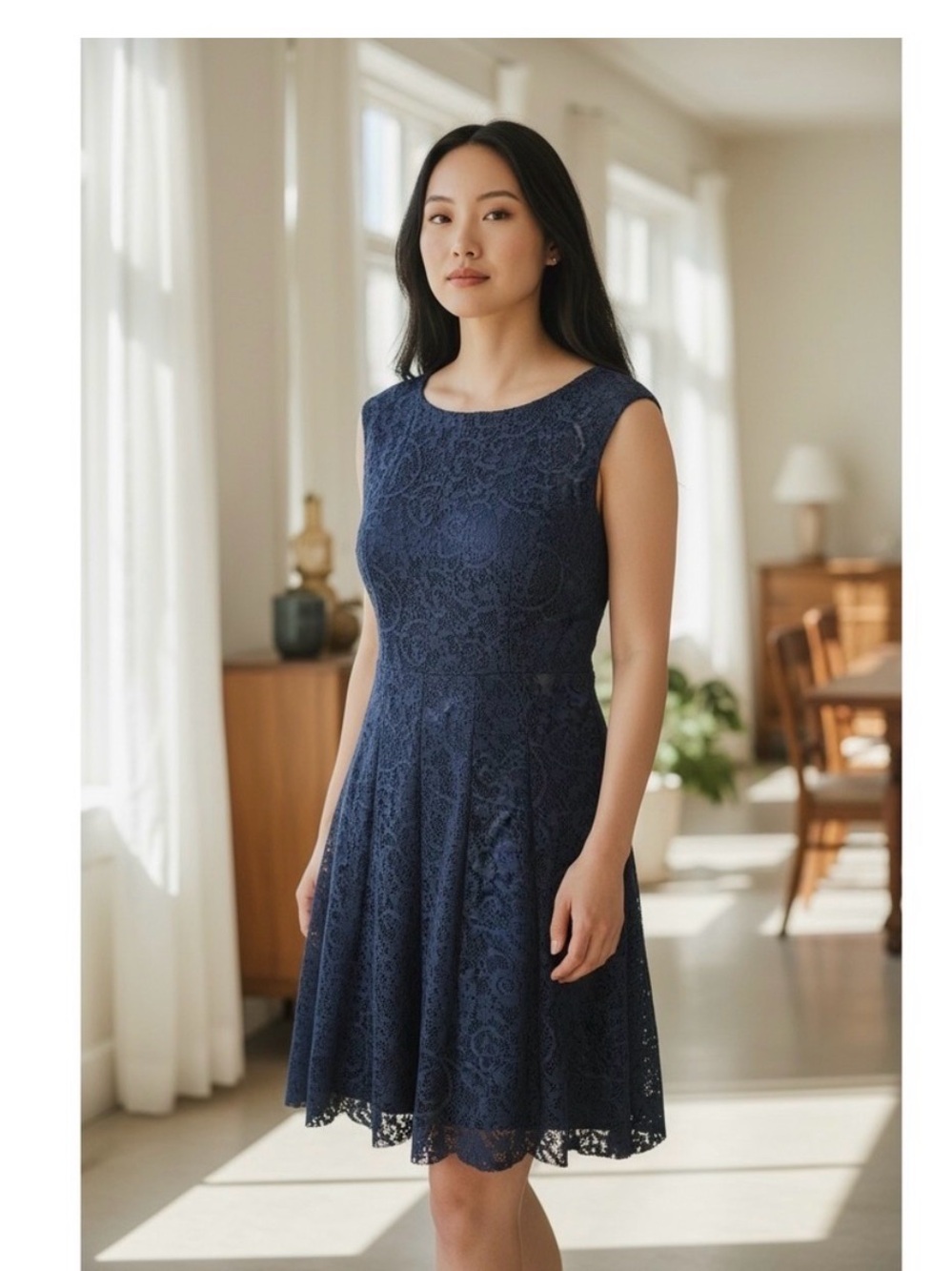 connected apparel Navy Blue Lace Sleeveless Midi Dress with Belt size 4 NWOT